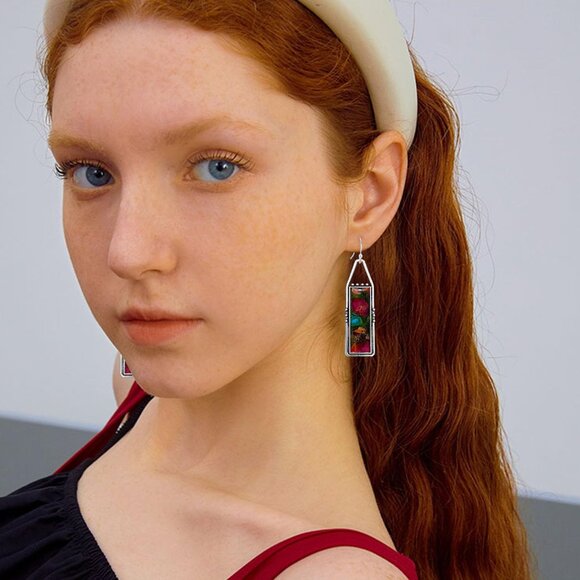 Red Handmade Bohemian Tribal Retro Colorful Square Bar Dangle Drop Earring - Picture 3 of 6